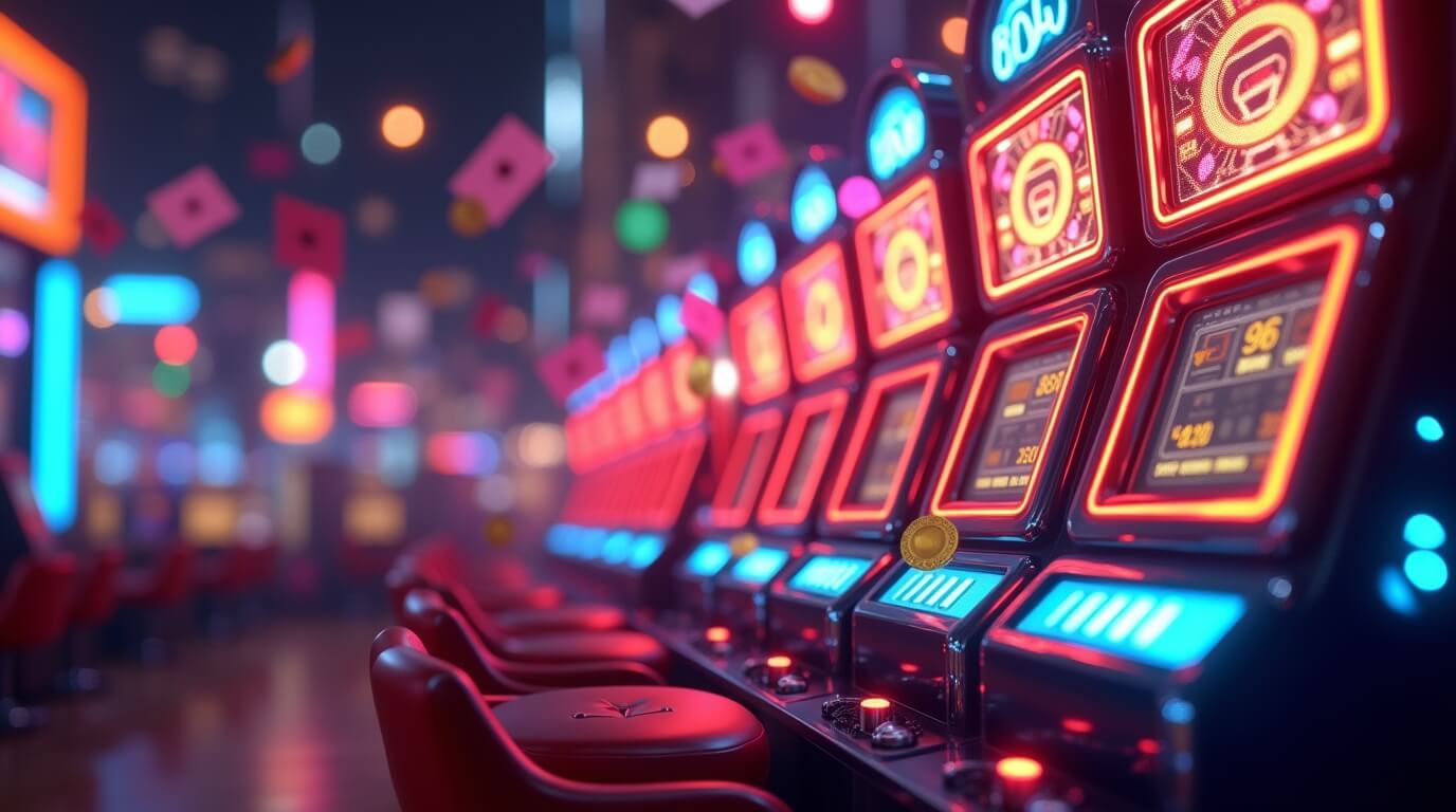 Woman celebrating slot machine win with digital confetti