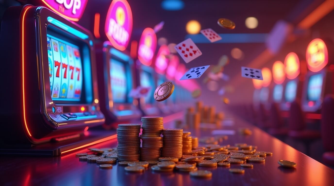 Young woman playing slots on a mobile device inside a casino